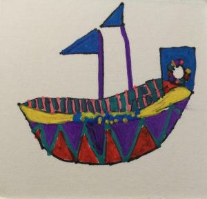 A colourful drawing of a boat, with 2 purple masts and blue sails