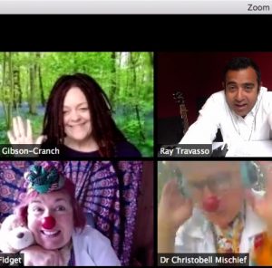 Clown doctors on zoom meeting with EACH staff