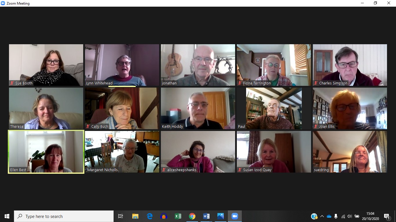 A screengrab image of a Zoom meeting, showing 15 adults, each in their own space