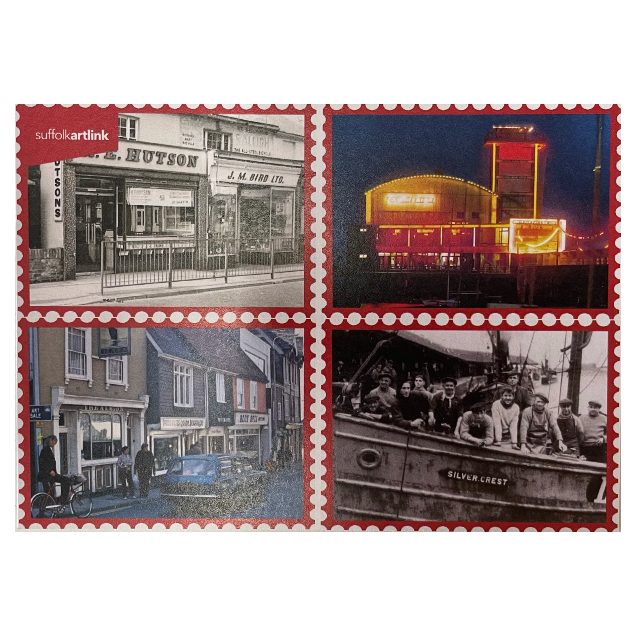 Lowestoft postcard with stamps featuring old images of Lowestoft in each corner.