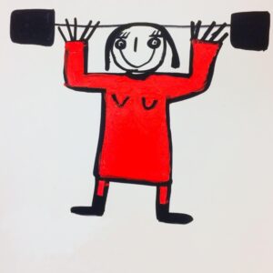 PenWoman in red weightlifting a barbell painted in acrylic and pen on canvas