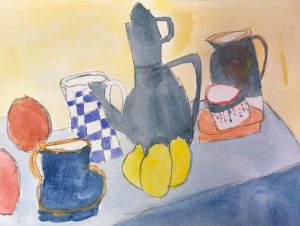 Watercolour still life of tea pot and cups on a table