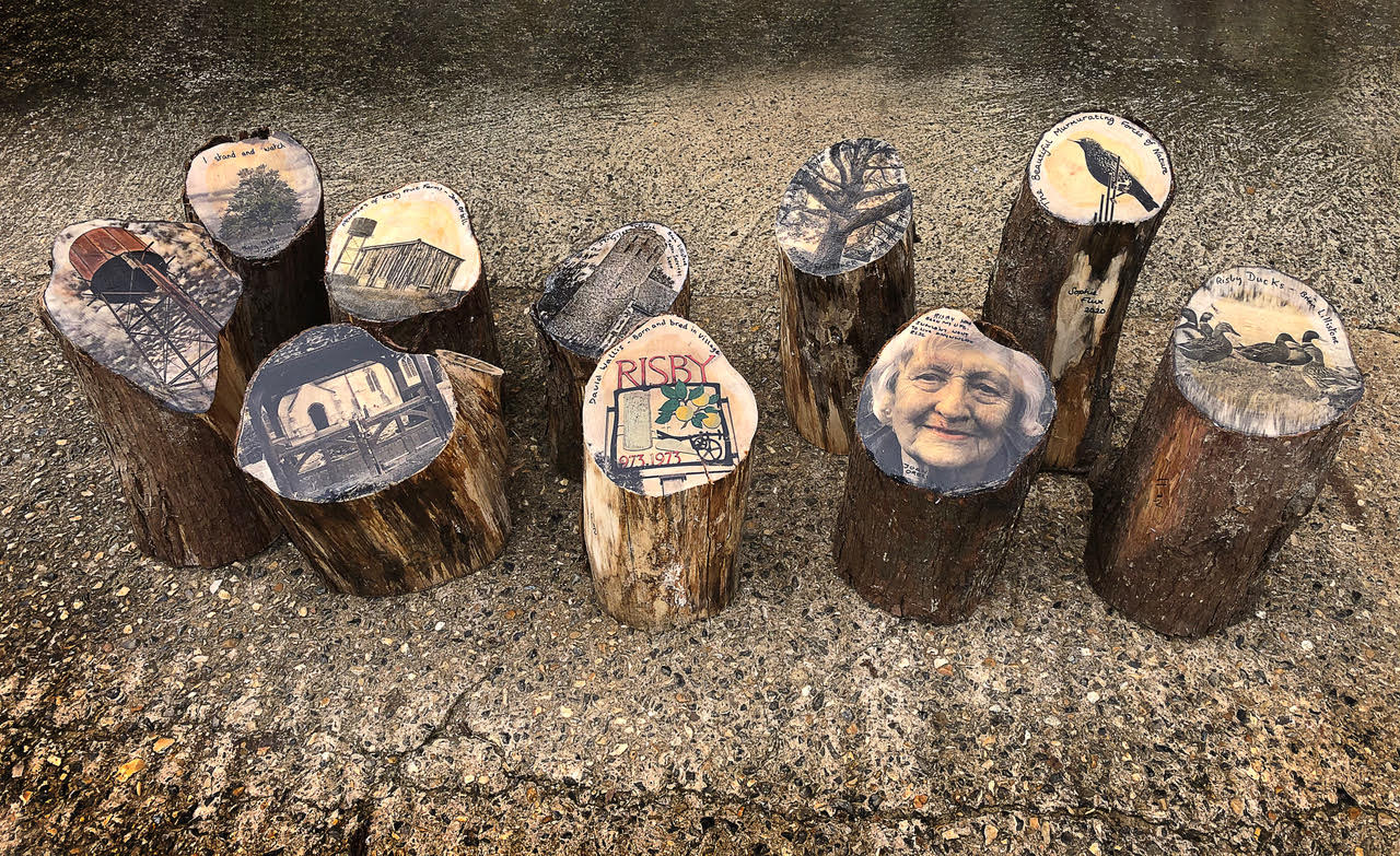 10 upended logs, each with an image bonded to the surface