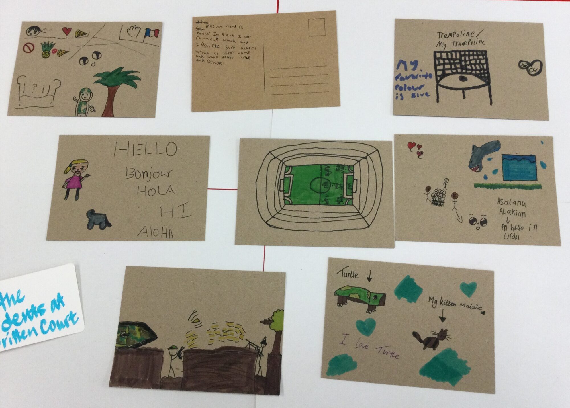 A selection of hand illustrated postcards, created by the children at Roman Hill Primary School