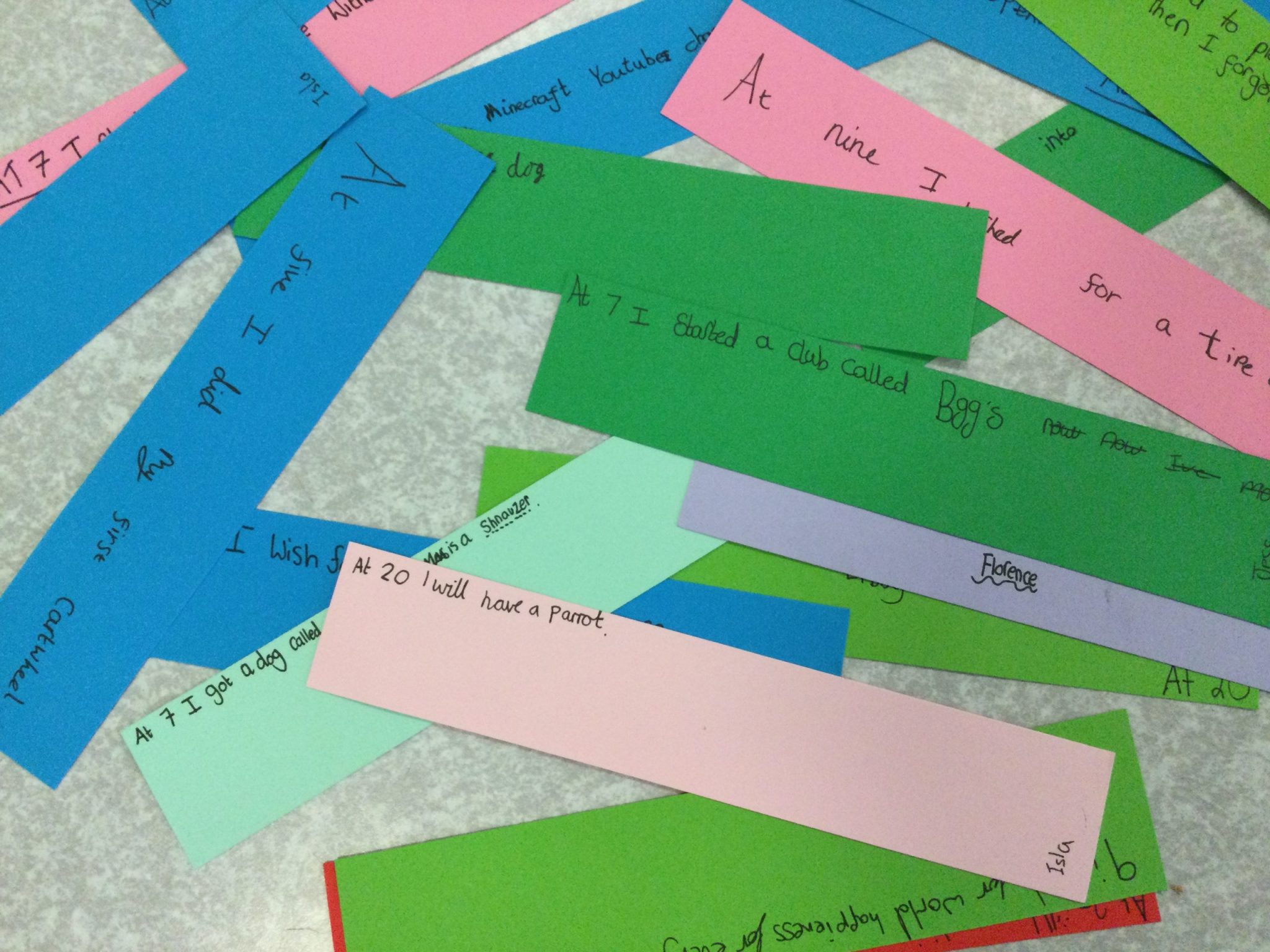 Strips of brightly coloured paper, with single recollections relating to particular ages