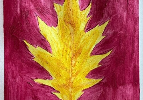 Painting of yellow leaf on purple background
