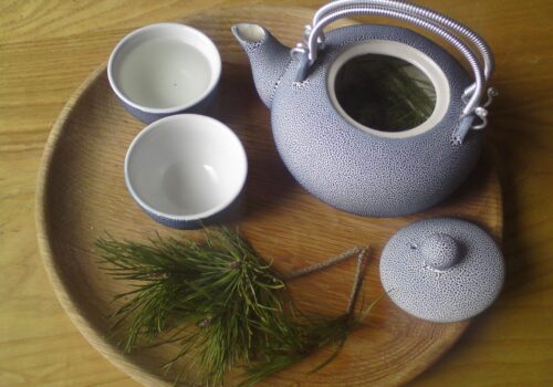 Tea set with pine needles