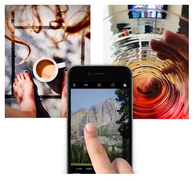 3 pictures, tea between feet from above, effect added to view acroos living room and in front a finger touching a smartphone with a mountain image