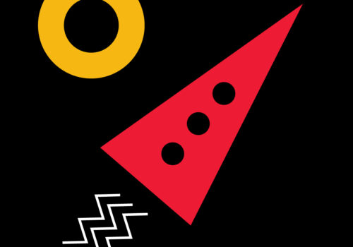 Graphic of red spaceship on black background next to a yellow torus