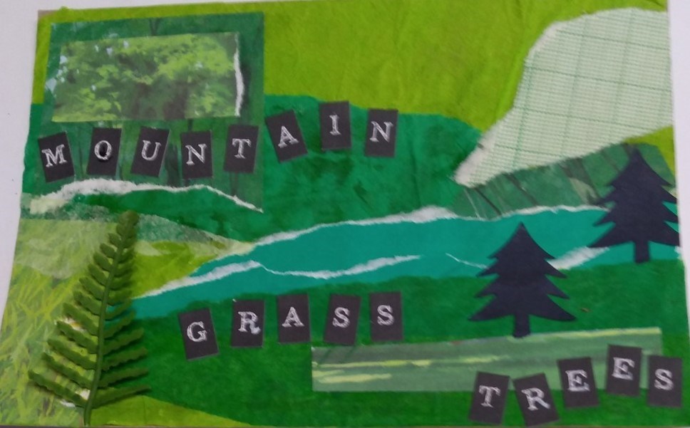 Collage scene of labelled mountain, grass and trees made using green elements.