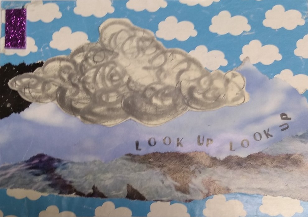 A pencil drawing of a dark cloud on a collaged background