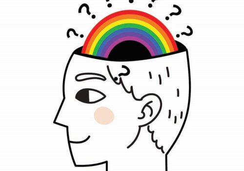 Cartoon profile of a head with the top cut away and a rainbow with an arc of question marks coming out of it.