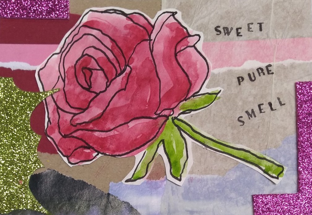 Graphic pink rose on abstract background with text saying "sweet pure smell"
