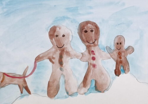 The Gingerbread family are taking their dog for a walk in the snow.