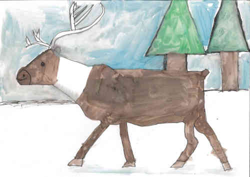 Artist Steven Frost, a reindeer in the snow with trees in the background