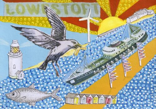a colourful postcard featuring a ship, a gull and beach huts
