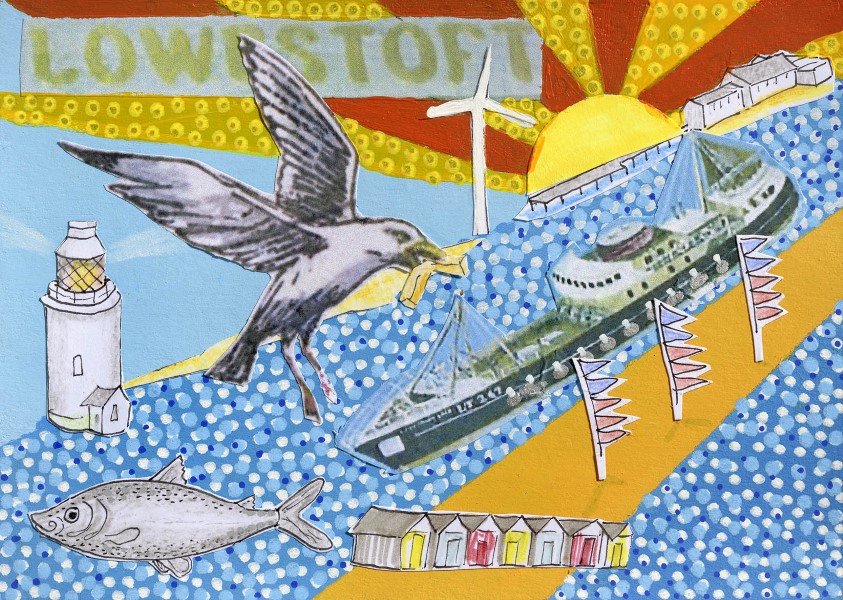 a colourful postcard featuring a ship, a gull and beach huts