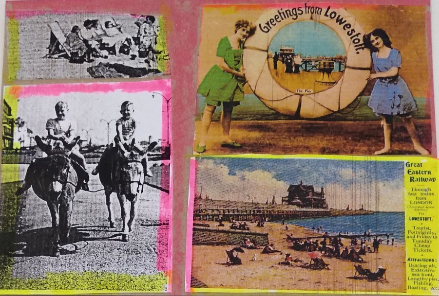 A postcard collaged with examples of 4 vintage postcards celebrating Lowestoft's popularity as a seaside resort