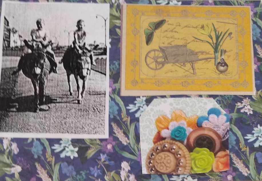 A postcard with a blue floral background and featuring a monotone photo of two children riding donkeys at the seaside, a small card with gardening references including a wheelbarrow, a flower in a vase and a spring bulb, and a snippet of paper decorated with flower shapes