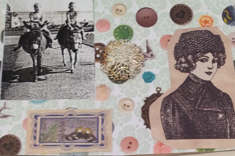 Postcard collaged with background paper depicting various styles and colours of buttons, overlaid with a snippet of a vintage advertising image, old photograph of two children on donkeys at the seaside, and an inverted picture of a dark blue and yellow butterfly in an ornate blue frame