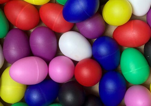 A mix of brightly coloured shaky eggs