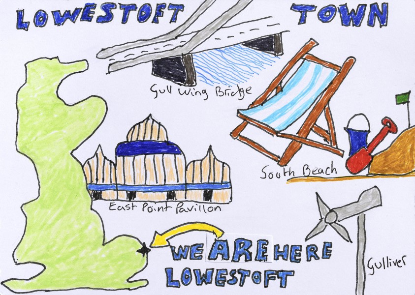 A map of Britain showing the location of Lowestoft and images of a deck chair, East Point Pavilion, a wind turbine, the swing bridge and a bucket and spade