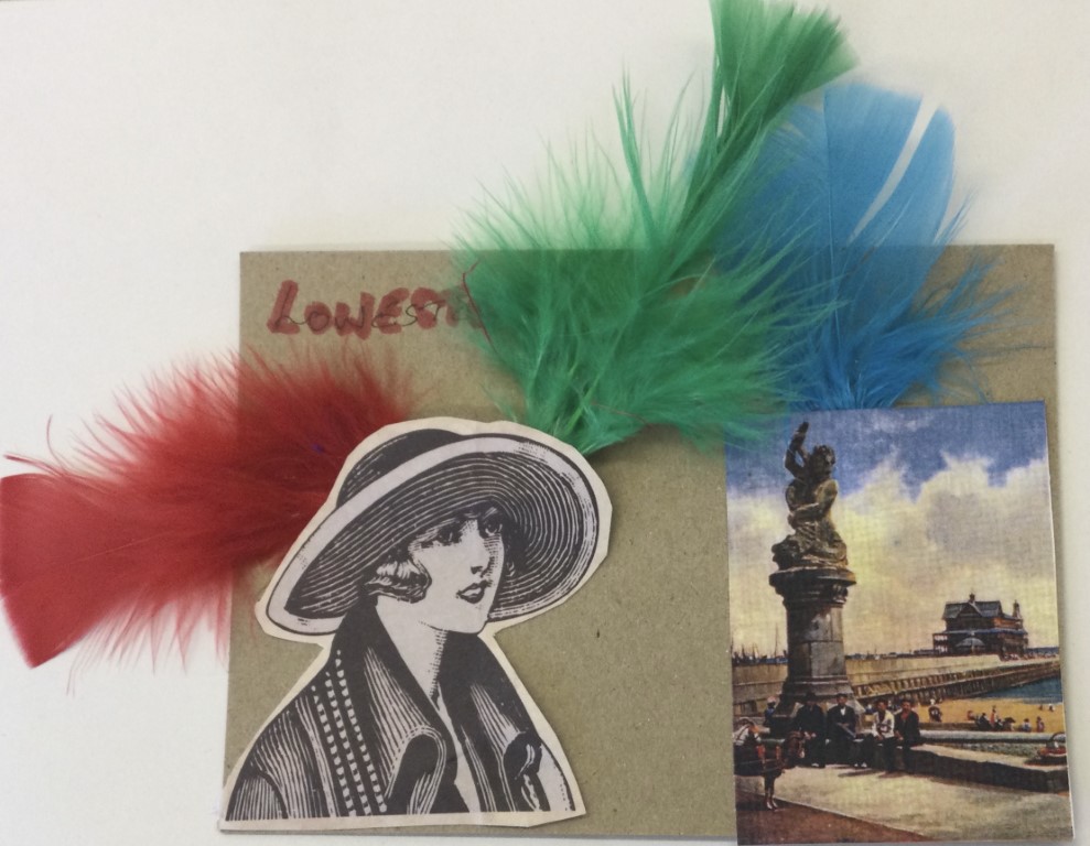 This postcard features a vintage advertising image of a woman wearing a glamourous coat and hat, embellished with a red, green and blue feather and positioned beside an old postcard image of Lowestoft promenade and the statue of Triton.
