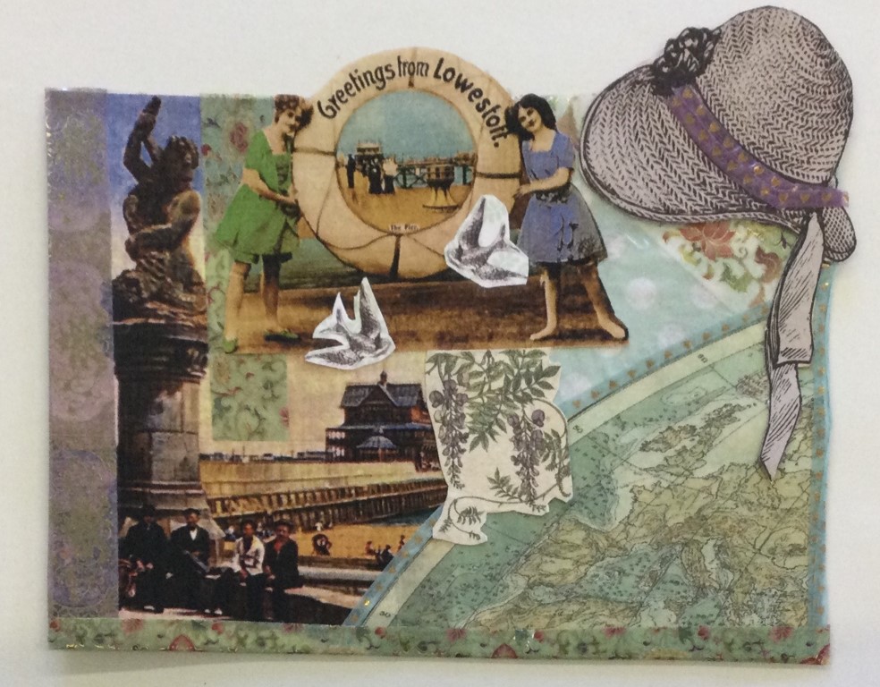 This postcard has images taken from vintage postcards, including two women in bathing dresses holding a lifebuoy with the words Greetings from Lowestoft on it. There is also a ribboned straw hat, two small birds and, in the bottom right hand corner, a picture of part of the globe, with the British Isles featuring prominently.