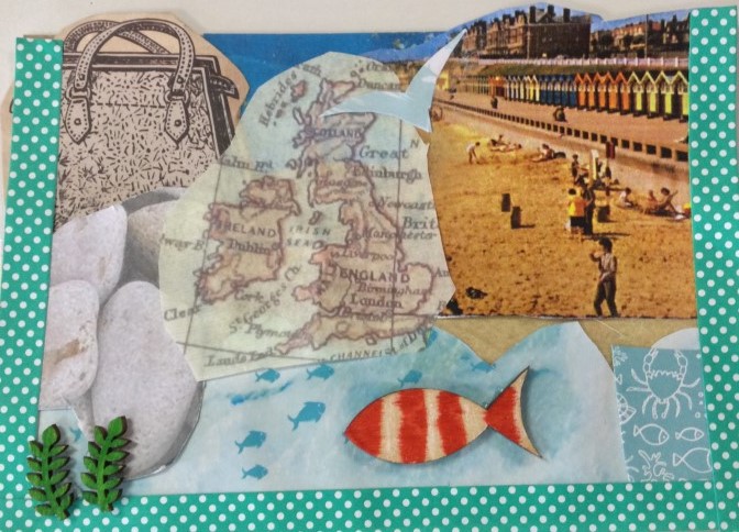 A collaged postcard featuring images of a map of the UK, people on a beach against a background of beach huts, a handbag in the top left corner and the bottom third of the card depicting the sea, fish and beach stones