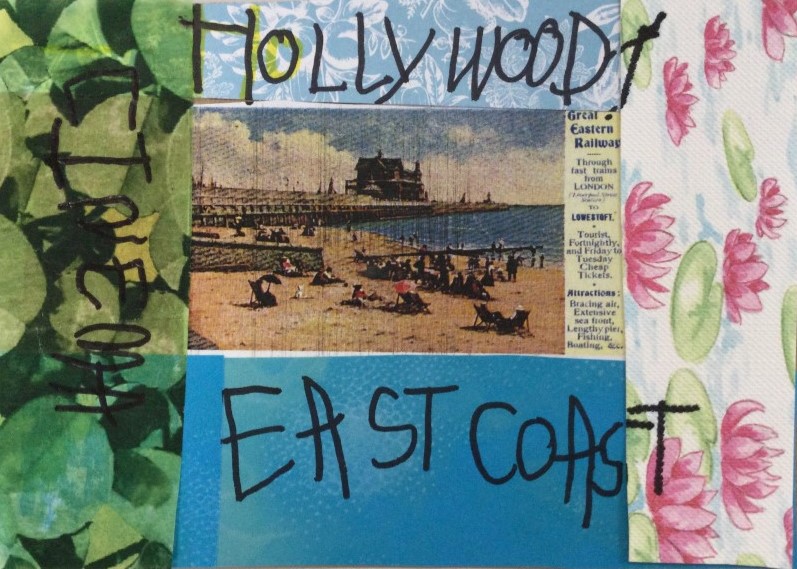 A reproduction of a vintage postcard, showing the pier and beach at Lowestoft is bordered by colourful strips of paper to resemble curtains and the words Hollywood written above the scene and East Coast below