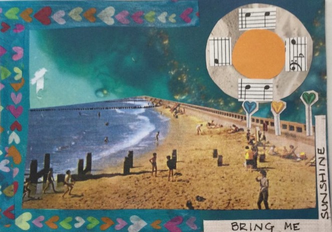 An image of children playing on a sandy beach with a border of tissue paper with tiny hearts. Top right is a disc, with a yellow disc centred, surrounded by snippets of music notation. Bottom right is written Bring Me Sunshine