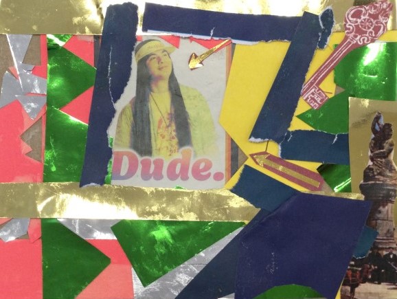 Snippets of shiny gold, silver and green paper surround an image of a young person with long black hair, wearing a yellow T-shirt and yellow head band. The word Dude is underneath. The picture is framed in strips of black paper and there is a cut out image of a key, two gold arrows and a statue of Triten on the far right hand side
