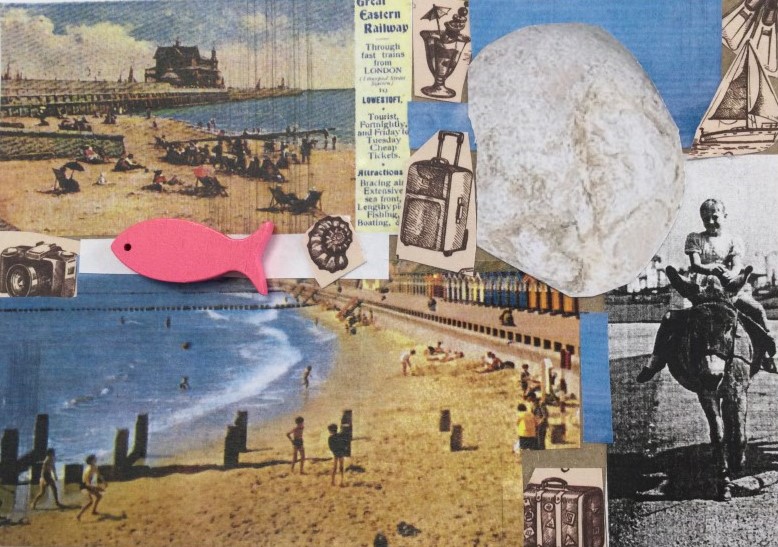 A postcard collaged with images from vintage postcards including a child riding a donkey, children playing on a sandy beach and people relaxing in deckchairs. A small pink wooden fish is glued centre left