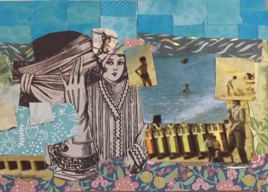 A collaged postcard with a background of blue sky and sea with small figures cut out and stuck over. In the foreground is a monotone print of a yound woman in a striped jacket, a hat and a glove. A black, white and orange butterfly seems to have landed on the hat. Also in the foreground is an image of a row of beach huts and there is a floral patterned border along the bottom