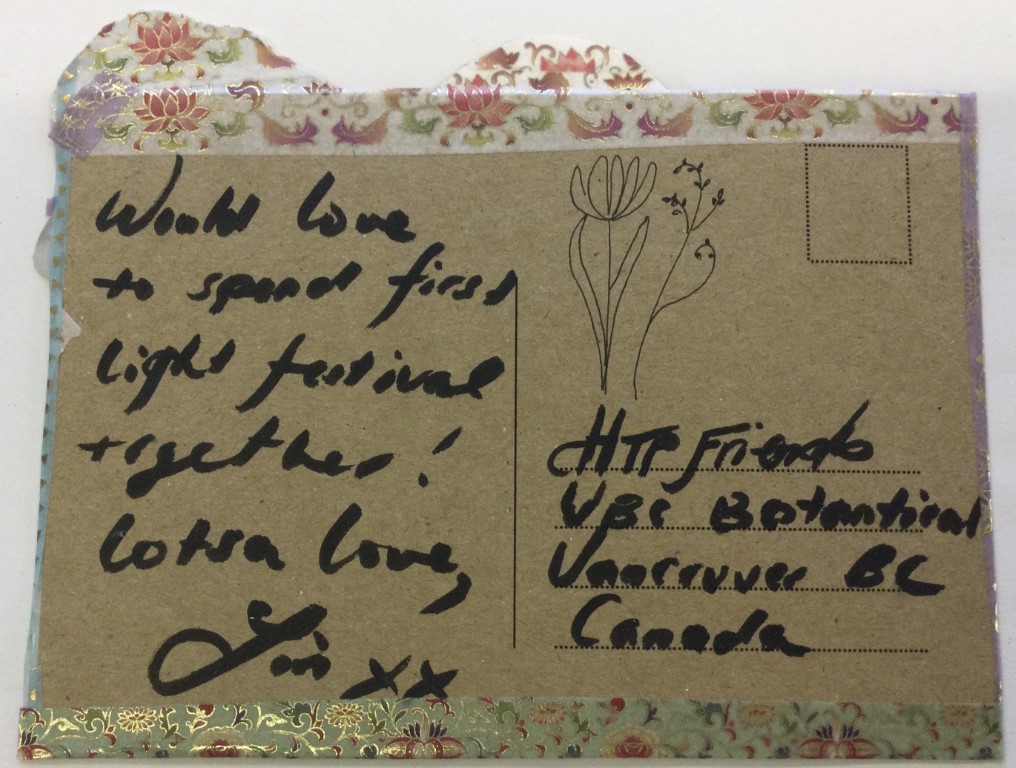 A handwritten postcard to friends in Vancouver saying Would love to spend First Light Festival together lotsa love, Lin xx