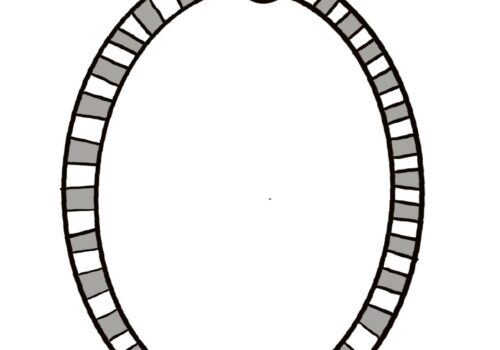 Cartoon style drawn frame with white and grey stripes and concentric circles decorating and 2 scolls decorating the top