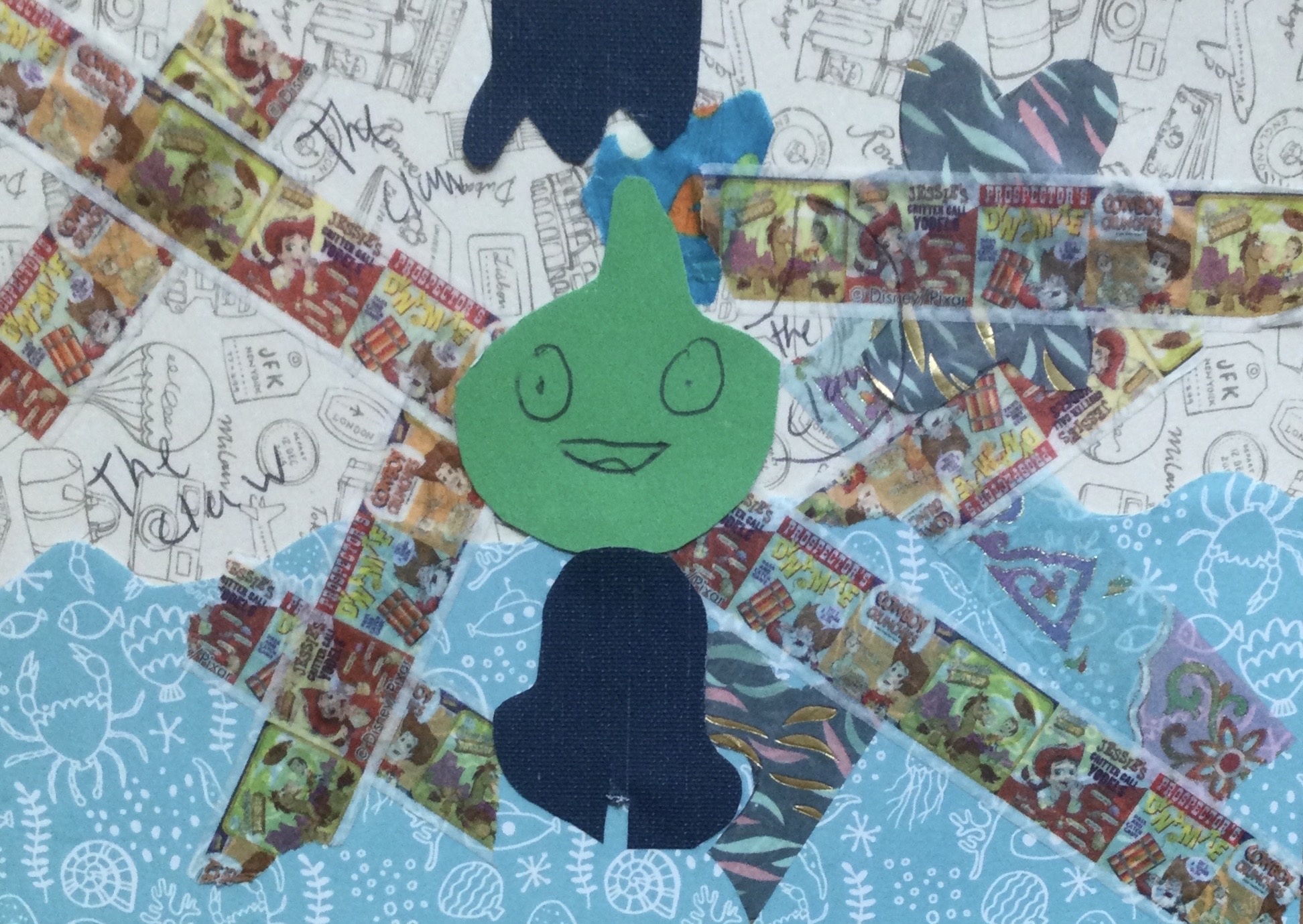 A collaged postcard with blue patterned paper overlaid with cartoon tape and a cut-out cartoon character