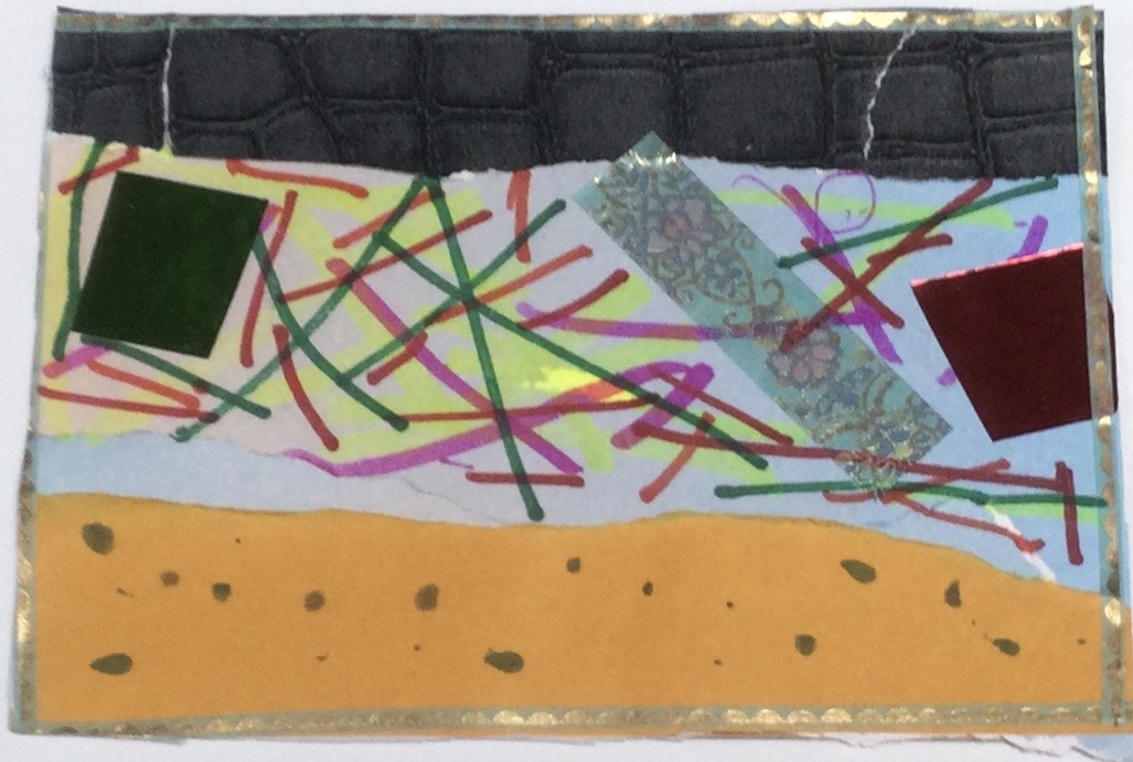 This collaged postcard has a bottom section of yellow card, with brown ink dots, and a top section created with faux-black snake skin paper. The middle section of the card has a blue background, overlaid with black squares and ink lines in green, red, and magenta. The card has a gold border