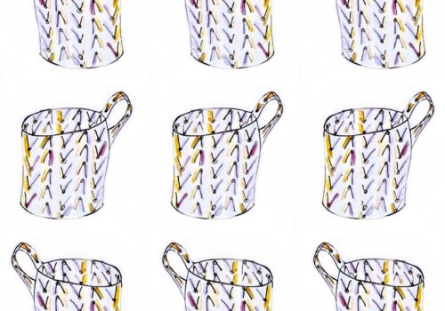 3 rows of 3 cups drawn with thin black pen and coloured very lightly purple and decorated with purple and yellow chevrons