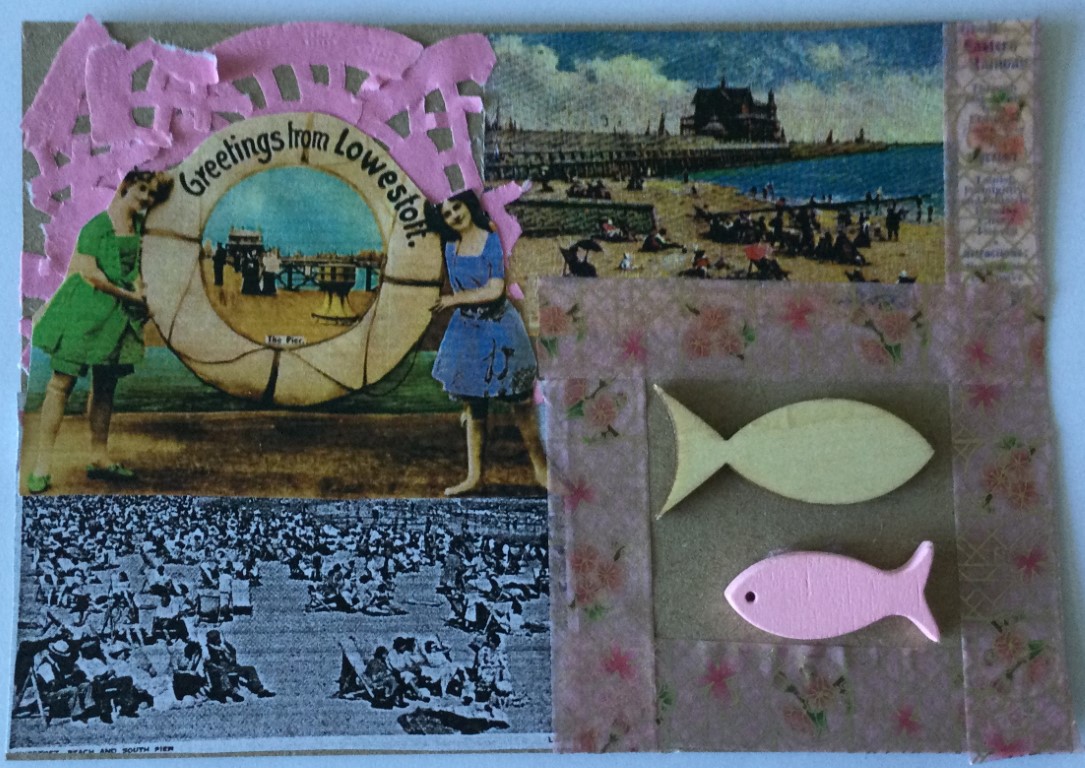 Snippers of various vintage postcards have been used to create this postcard, showing people on the beach at Lowestoft. There are also two wooden fish in the bottom right hand corner, framed by pink tape and some pink scraps of doily in the top left corner.