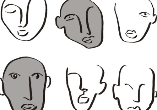 2 rows of 3 abstract faces including faces of colour and white faces