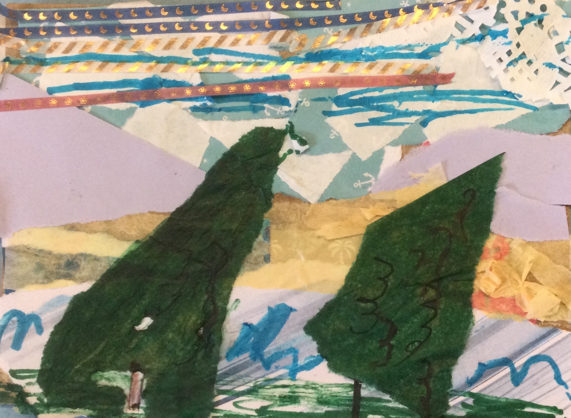 A multicoloured card with strips of thin decorative tape, hand drawn lines in blue, snippets of white doily and yellow tissue paper. In the foreground are two green triangular shapes, but are they sails or trees?