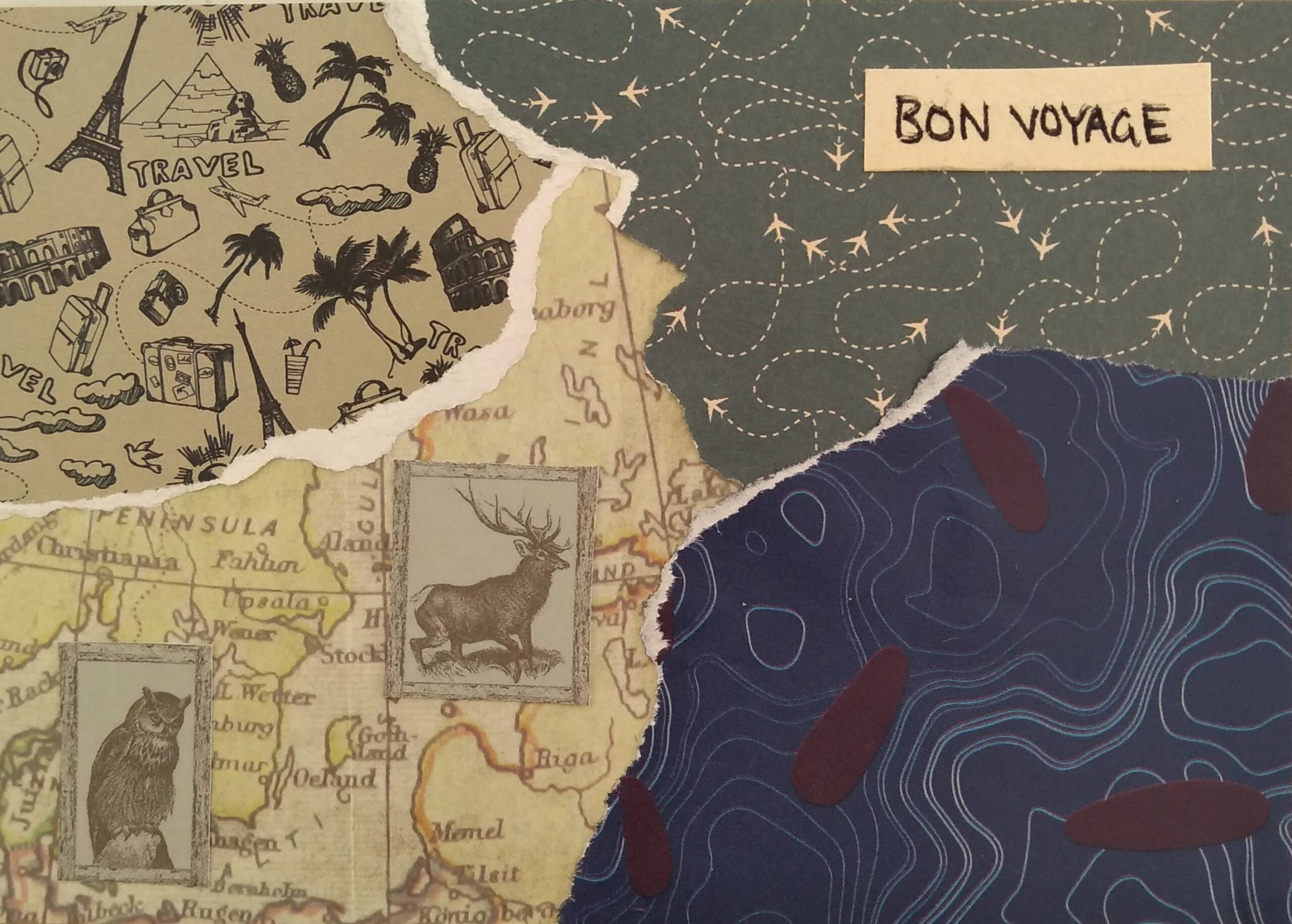 A collaged postcard with images of travel motifs, swirling blue and white surf, part of a map embellished with images of an owl and a stag, and the words Bon Voyage in the top right corner