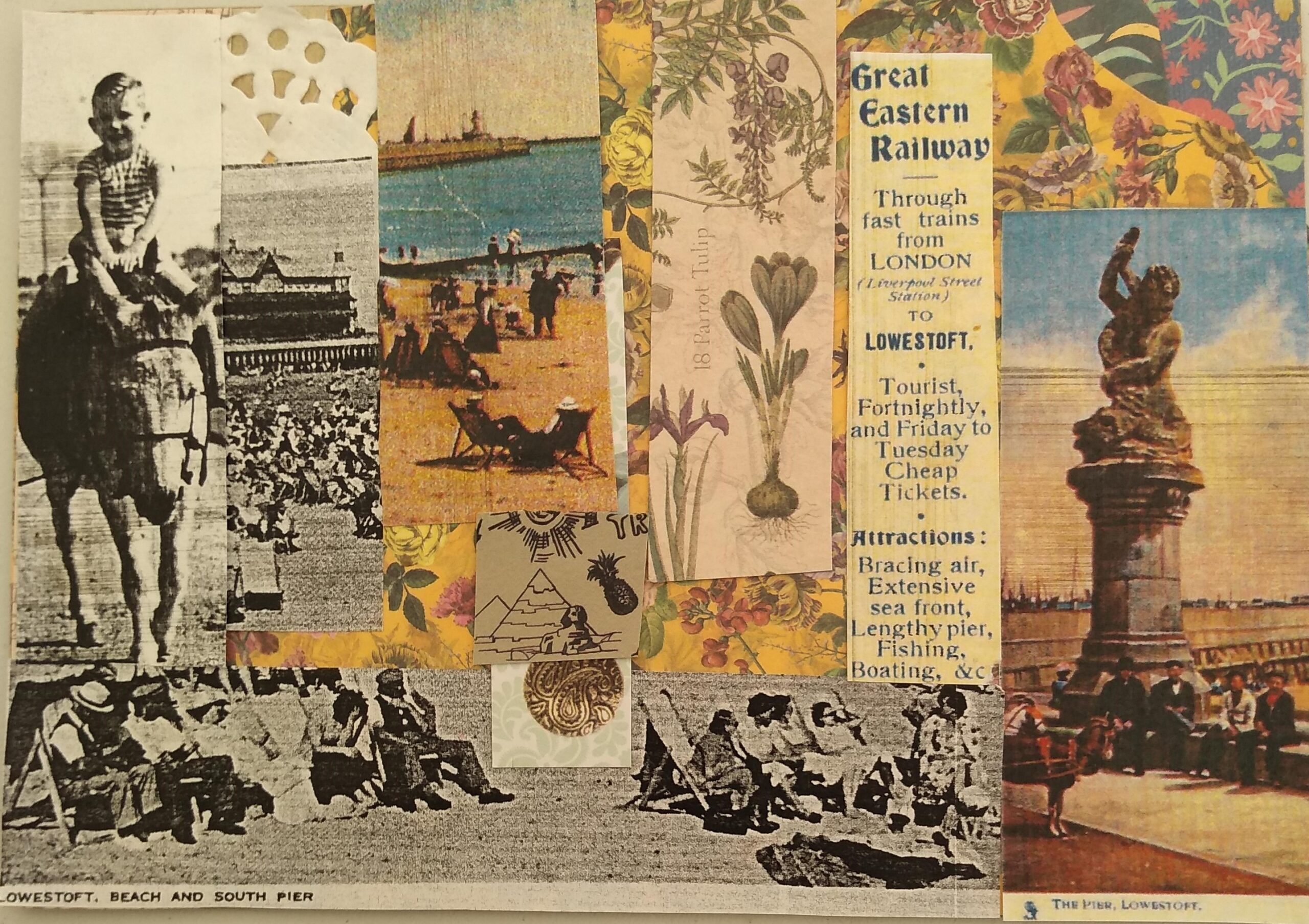 A postcard created with collaged images from vintage postcards including a donkey, a statue, people sitting in deckchairs on the beach and an advertisement by Great Eastern Railways