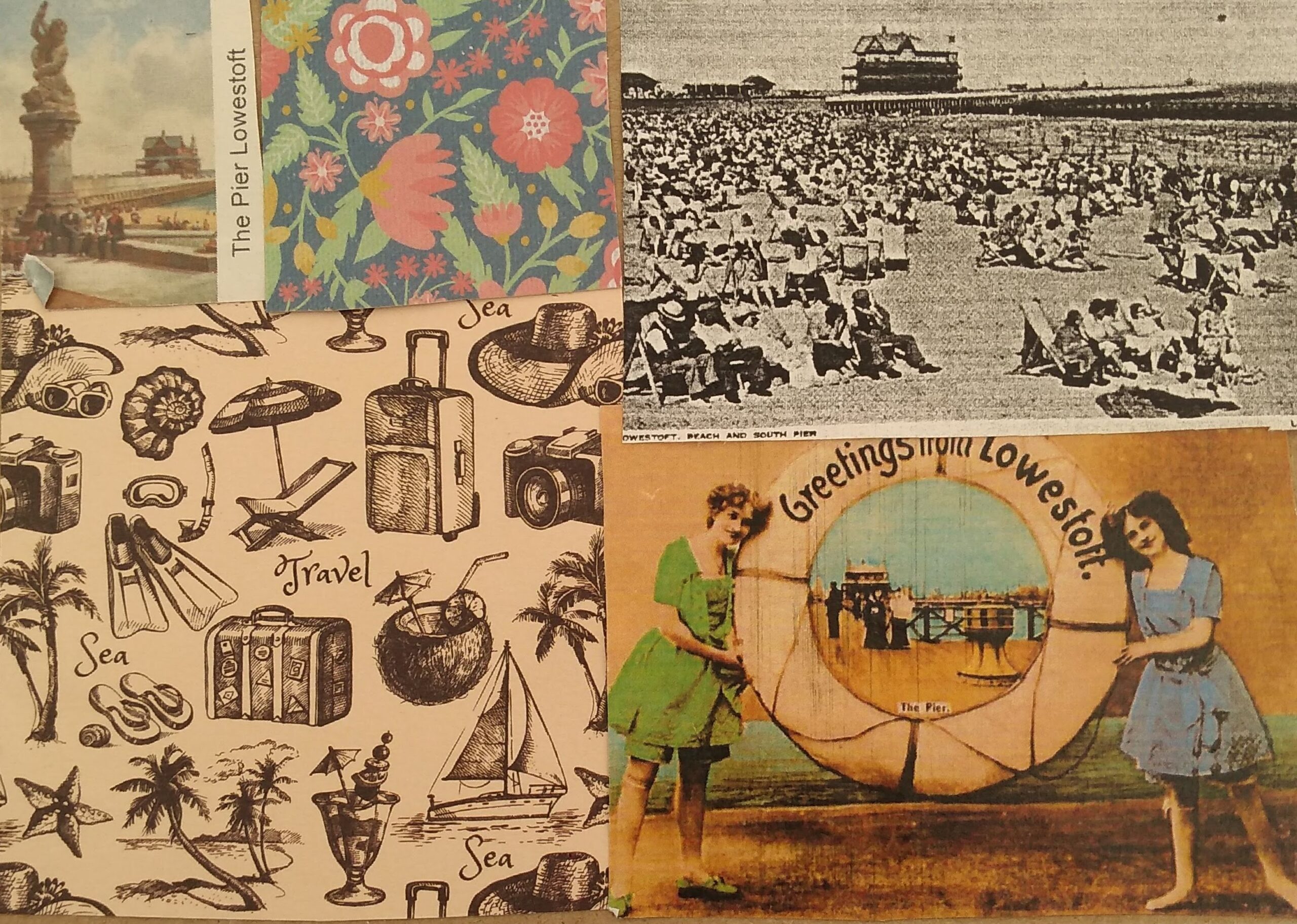 Collage paper with travel motifs such as suitcases, palm trees, flippers and snorkels fills the bottom left corner. To the right is an image from a vintage postcard showing two women in Victorian bathing costumes holding a life-saving buoy with the words Greetings from Lowestoft. Above, another vintage image of crowds of people seated in deckchairs on the beach with the pier in the background. Top left is a snippet of floral patterned paper and an image of the Titan statue by Lowestoft pier.