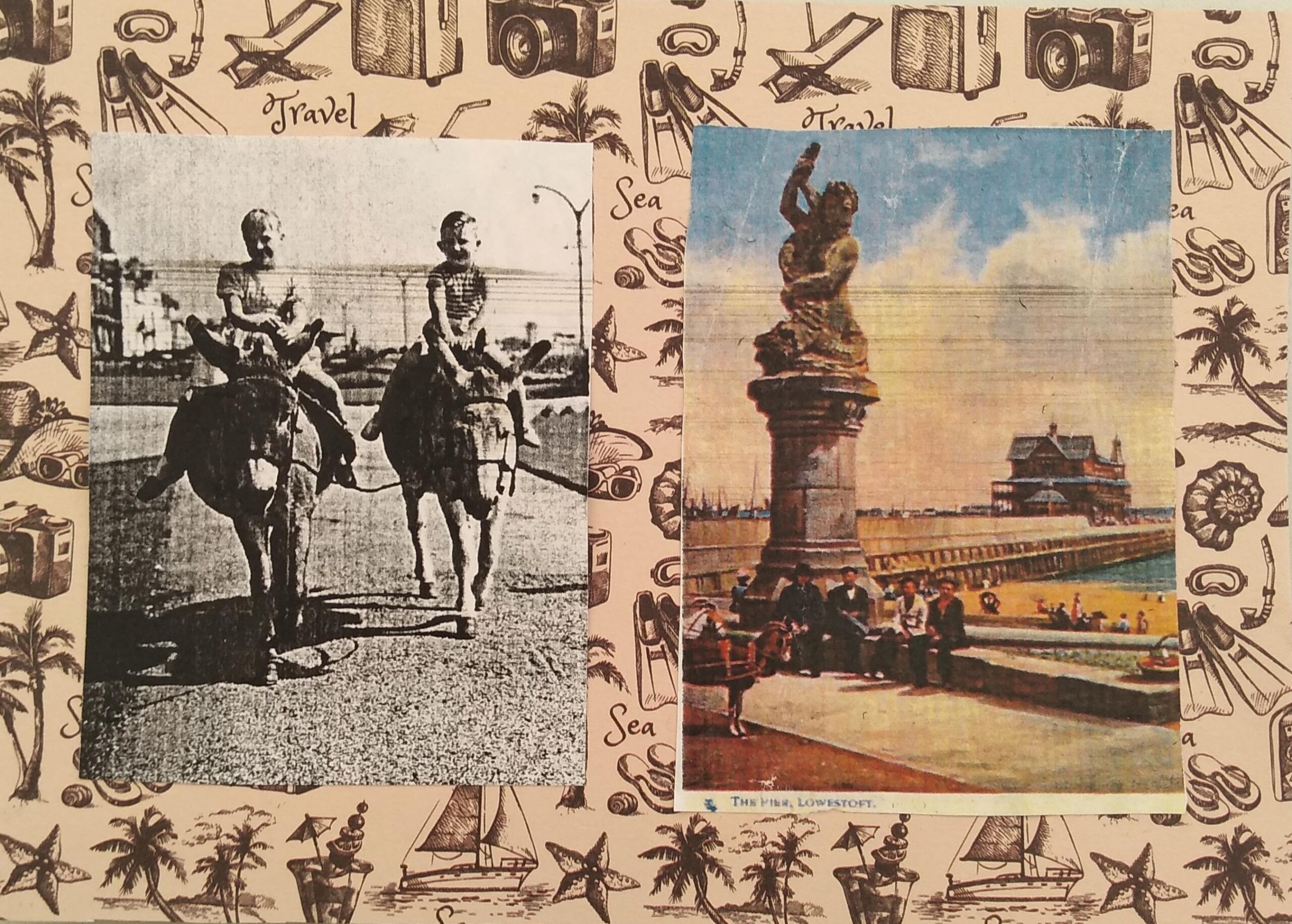 Images from two vintage postcards, one of children riding donkeys and the other of the statue Titan by the pier in Lowestoft, are glued side by side against a background of paper patterned with holiday motifs such as flippers, cameras, palm trees and sailing boats