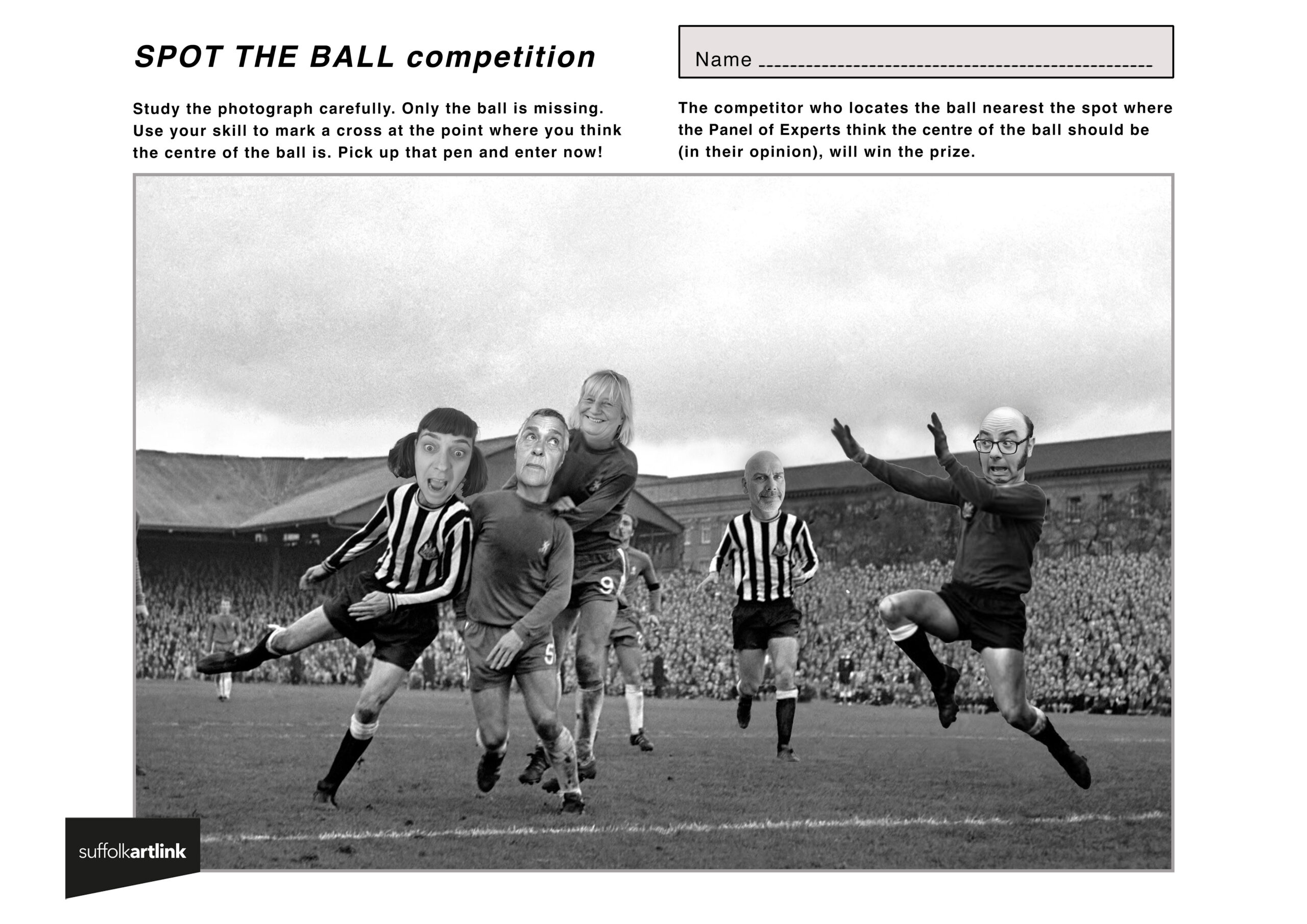 A monochrome photo of a football match with faces of the artists and facilitators imposed onto the bodies