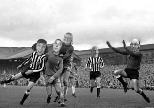 A monochrome image of a football match, with faces of the Extra Time artists and facilitators superimposed over the heads of the footballers