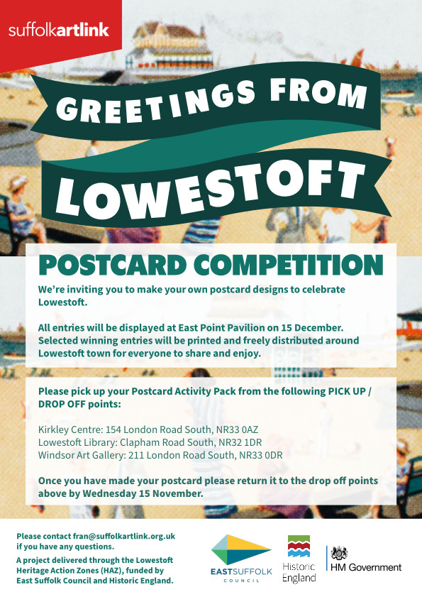 Postcard competition poster. Postcard Activity Pack pick up and drop off points: Kirkley Centre: 154 London Road South, NR33 0AZ: Lowestoft Library: Clapham Road South, NR32 1DR: Windsor Art Gallery: 211 London Road South, NR33 0DR. Please return your postcards to the drop off points by Wednesday 15 November.