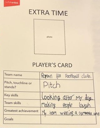 An Extra Time Player's Card, on which the pupil has listed skills and achievements